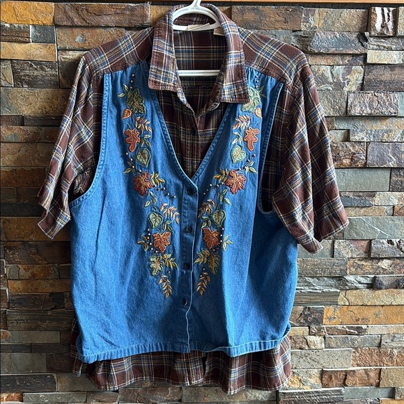 Vintage Bobbie Brooks Embroidered Denim Vest with Plaid Shirt #uglythanksgiving - Picture 1 of 4